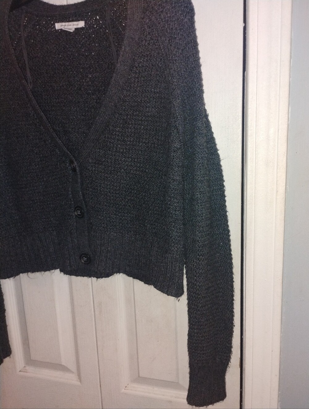 American Eagle Outfitters Dark Charcoal Gray Textured Cropped Cardigan - Picture 3 of 6